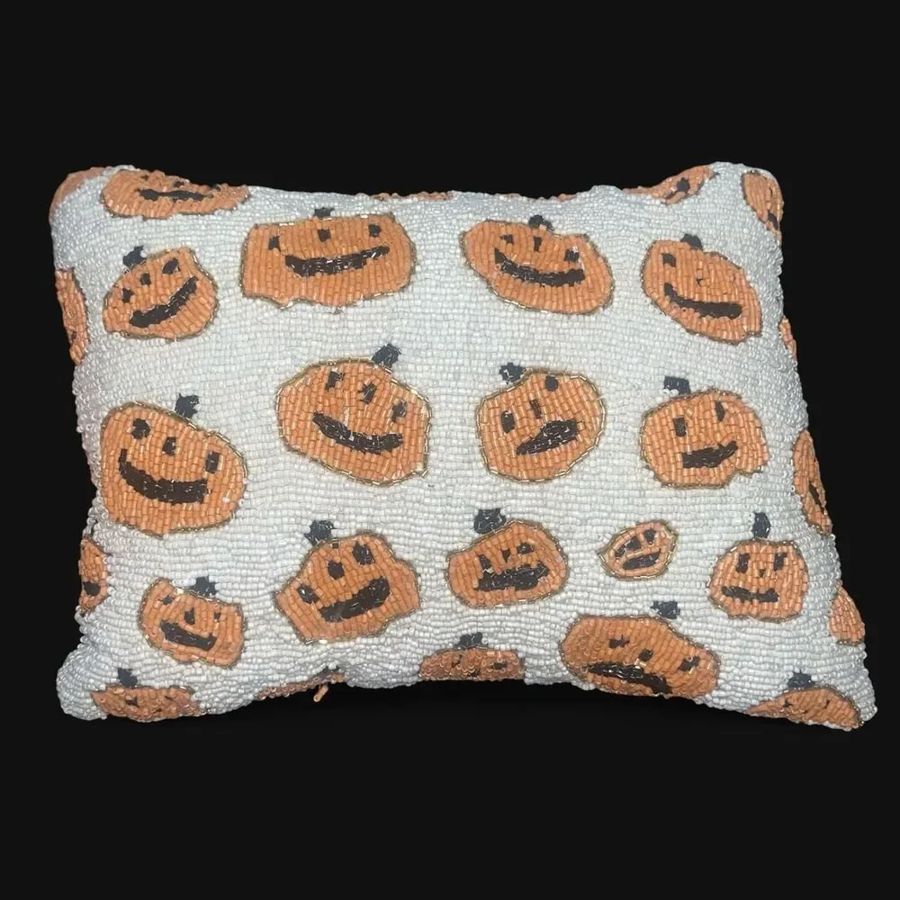 Halloween Decor White and Orange Pumpkin Beaded Pillow